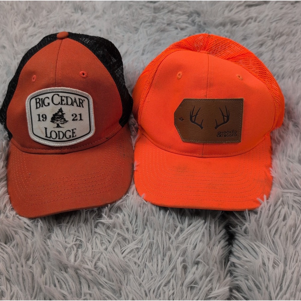 Lot Of 2 Hunting Baseball Hats Cap Snapback Adjustable Blaze Orange Lodge
